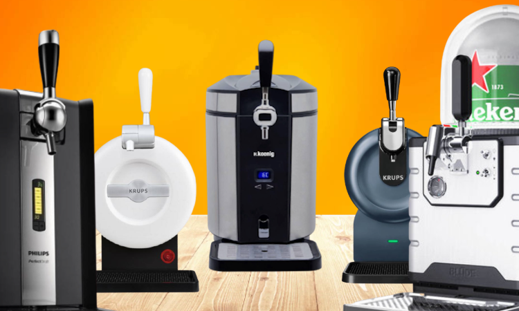 Vijf biertaps voor thuis op een rij op een houten vloer met een oranje achtergrond